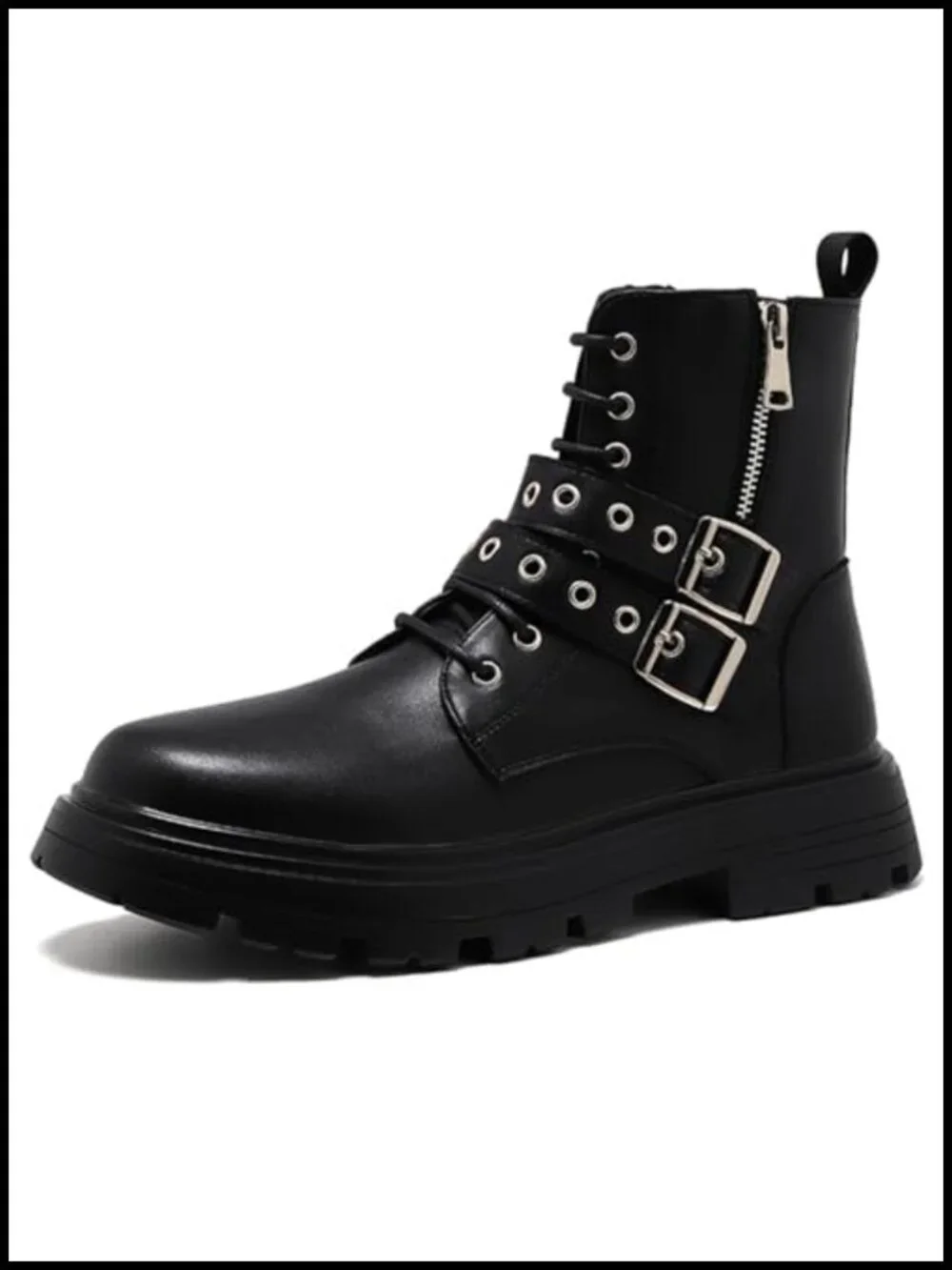 Faux Leather Platform Ankle Boots Lace Up Side Zip Adjustable Buckle Lug Sole